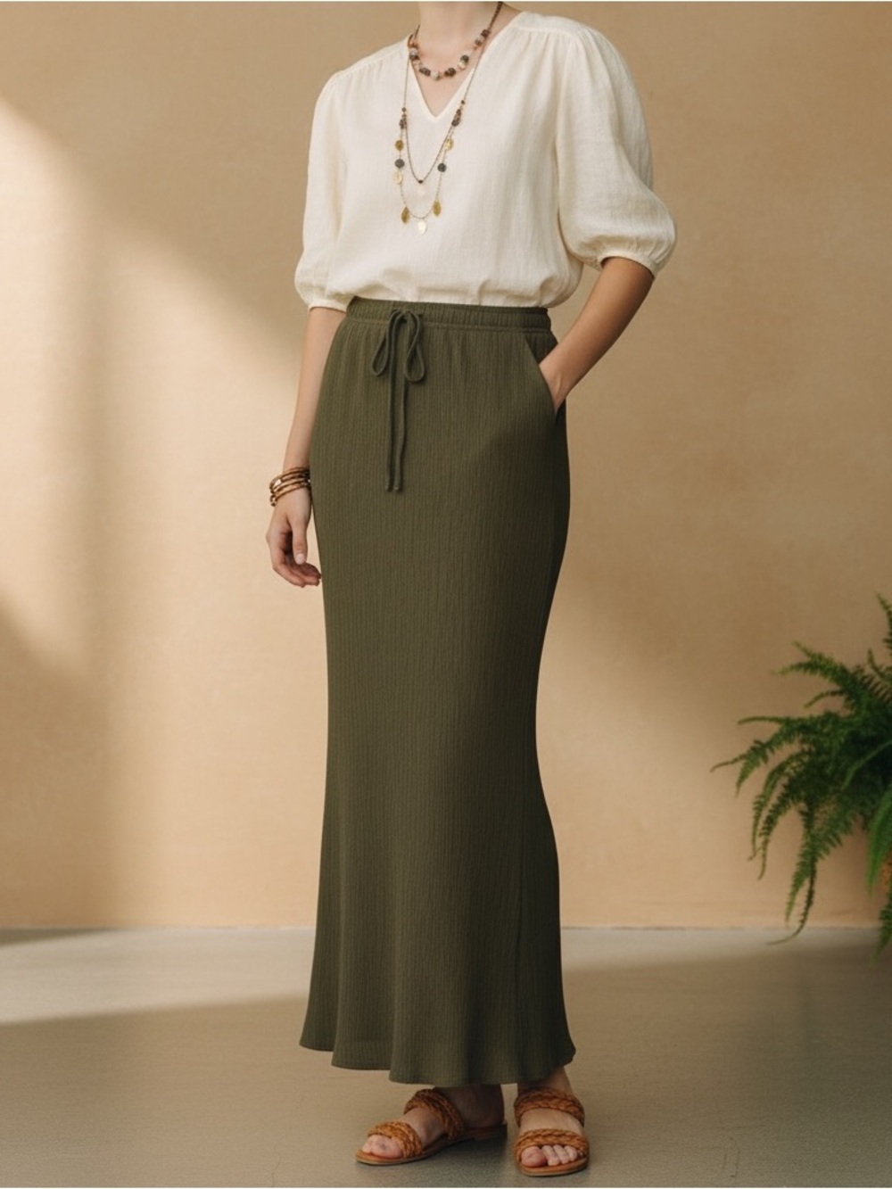 🟢3/$30 Earthy Feminine Bohemian Olive Green Maxi Skirt in Lenzing Viscose Small